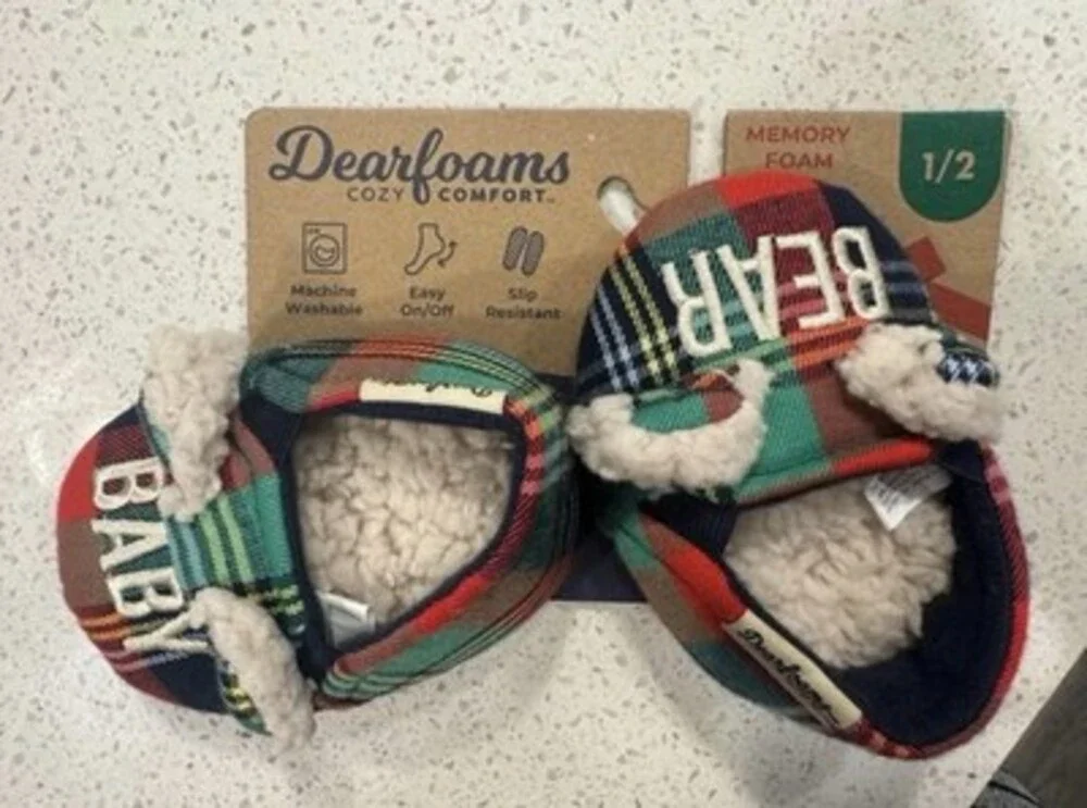 Dearfoams Baby Slip-On Slippers Plaid Faux Fur Lined Memory Foam 1/2